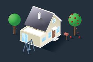 A cozy house on a dark background. A spacious house in the evening light with a tree and a mailbox vector