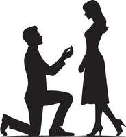 A silhouette of a man kneeling and proposing to a woman vector