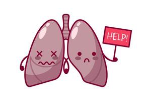 Smokers Lungs. Cute characters in kawaii style. Diseased organ, respiratory system. illustration. Health problems. For sticker, books, design element. Medical brochure template. vector