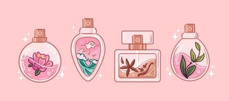 Collection of bottles featuring floral, spicy, oceanic, and herbal scents. sketch style, these captivating bottles resemble magic potions, perfect for stickers, posters, postcards, or design elements. vector
