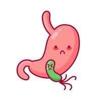 Stomach. Cute character in kawaii style. Diseased organ of the digestive system. Helicobacter pylori, gastritis, ulcer. Health problems. For sticker, books, design element. Medical brochure template. vector