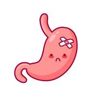 Stomach character designed in kawaii style, representing a diseased organ from the digestive system. Related to bariatrics, gastritis, and ulcers. Perfect for stickers, books, and medical brochure vector