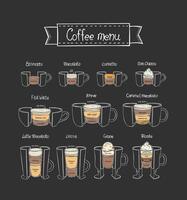 Coffee types on dark background. Doodle style vector