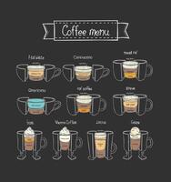 Different types of coffee on dark background. Doodle style vector