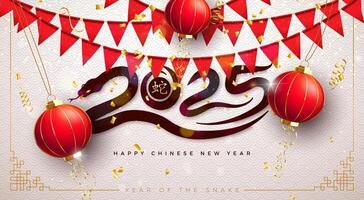 Happy Chinese New Year 2025 Banner with Snake Zodiac Sign, Paper Lantern and Party Flag on White Scaly Pattern Background. Lunar New Year Traditional Design with Gold Chinese Language Snake Symbol for vector