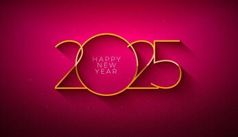 Happy New Year 2025 Banner Illustration with Gold Number and Long Shadow on Red Background. Christmas Holiday Design with Typography Lettering for Flyer, Greeting Card, Celebration Poster, Party vector