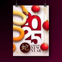 Happy Chinese New Year 2025 Poster with Snake Zodiac Sign and Paper Lantern on White Scaly Pattern Background. Lunar New Year Traditional Design with Gold Chinese Language Snake Symbol for Flyer vector