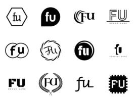 FU logo company template. Letter f and u logotype. Set different classic serif lettering and modern bold text with design elements. Initial font typography. vector