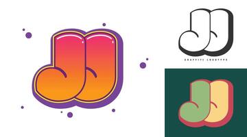 JJ logo design for festival or party. Initial letter j and j in graffiti style. Creative modern lettering company name of font typography. Kids trendy logotype or identity. vector