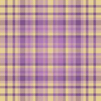 Furry tartan check fabric, tissue textile background . Cute seamless plaid pattern texture in purple and yellow colors. vector