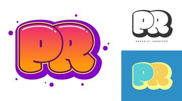 PR logo design for festival or party. Initial letter p and r in graffiti style. Creative modern lettering company name of font typography. Kids trendy logotype or identity. vector
