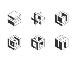 Black and white Cube logo, geometric design. Set box logotype company, trendy techno emblem in isometric 3D style. vector