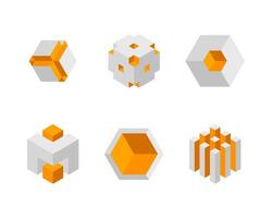 Cube logo, geometric design. Box logotype company, trendy tech emblem in pixel style. vector