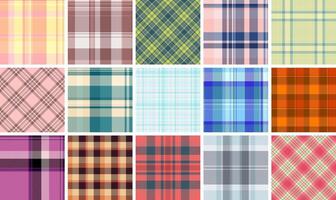 A fashionable set of plaid textile patterns with geometric squares and stripes, perfect for creating trendy clothes or decorative wallpapers. vector