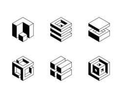 Black and white Cube logo, geometric design. Set box logotype company, trendy techno emblem in isometric 3D style. vector