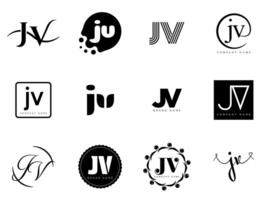 JV logo company template. Letter j and v logotype. Set different classic serif lettering and modern bold text with design elements. Initial font typography. vector