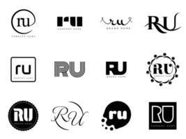 RU logo company template. Letter r and u logotype. Set different classic serif lettering and modern bold text with design elements. Initial font typography. vector