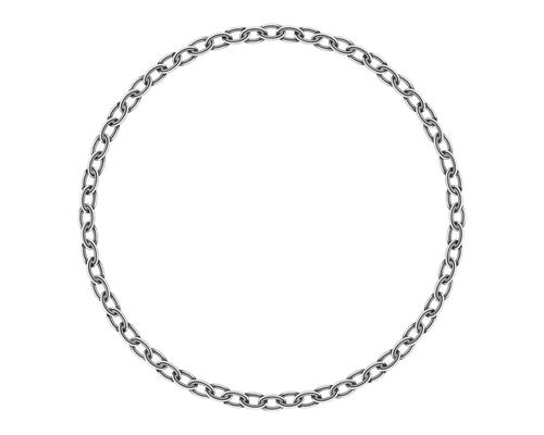 Realistic metal circle frame chain texture. Silver color round chains link isolated on white background. Strong iron chainlet solid three dimensional design element.