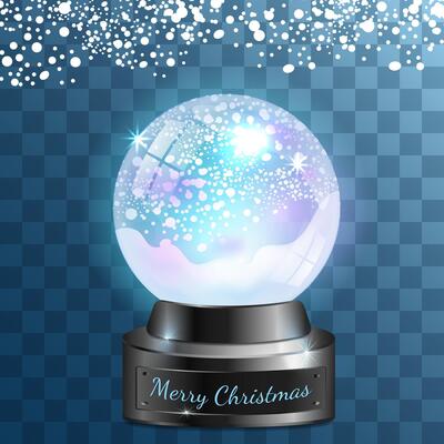 crystal christmas ball with falling snow on metal stand, merry christmas