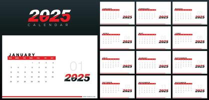 Professional 2025 Corporate Desk Calendar Design Template with an Elegant Red and Black Color Theme vector