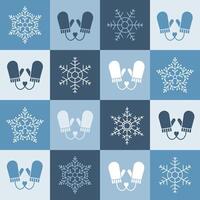 Winter seamless pattern with mittens and snowflakes in blue tones. Christmas geometric background. Minimalist style vector