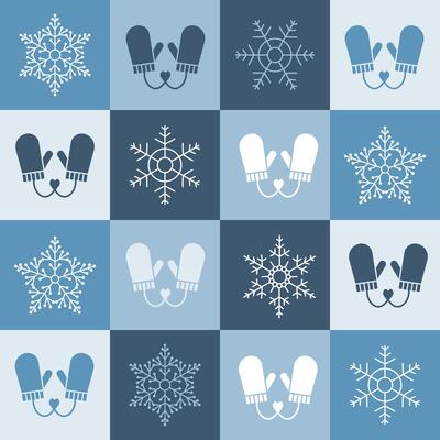 Winter seamless pattern with mittens and snowflakes in blue tones. Christmas geometric background. Minimalist style