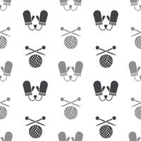 Seamless pattern with knitted mittens with balls of yarn and knitting needles. Background in gray tones. Print vector