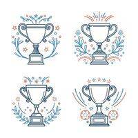 Trophy cup icons set. Outline illustration of winner cups with decorative elements. Sketch vector