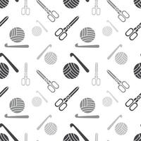 Seamless pattern with balls of yarn, crochet hook and scissors. Hobby concept. Gray background. Print vector