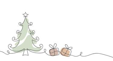 Continuous one line drawing of Christmas tree with gifts boxes. Illustration for postcard, greeting card decoration. vector