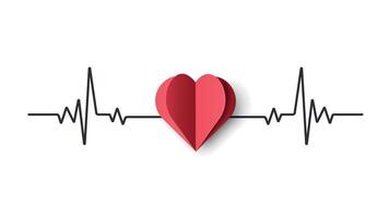 Illustration Heart in cut paper style with cardiogram element. Valentine's Day background design. Minimalistic Delicate red elegant banner for websites, social networks, postcards. vector
