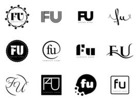 FU logo company template. Letter f and u logotype. Set different classic serif lettering and modern bold text with design elements. Initial font typography. vector
