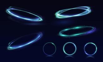 Neon swirl. Curve blue line light effect. Abstract ring background with glowing swirling background. Energy flow tunnel. Blue portal, platform. Magic circle . Luminous spiral. round vector