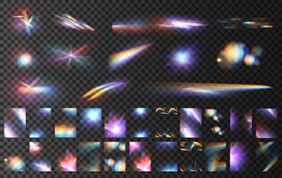 Iridescent Crystal Glare and Reflection Effect, Optical Rainbow Leaks, Light Streaks, and Falling Confetti. Crystal Vibrant Lens Flares with Rainbow Overlays for a Stunning Visual Impact. vector