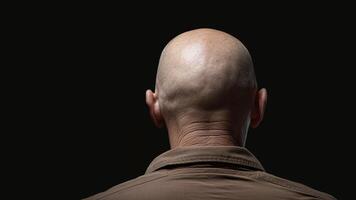 back view of old man with bald shaved head on black background with copy space photo