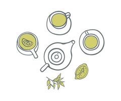 Hand drawn teapot and cups with tea and lemon. Sketch style simple illustration vector