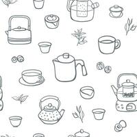 Hand drawn sketch style teapots, cups and puerh tea balls seamless pattern. Simple design for textile, menu, wrapping paper vector