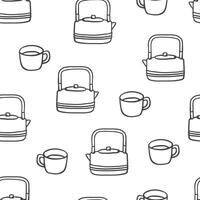 Hand drawn sketch style teapots and cups seamless pattern. Simple design for textile, menu, wrapping paper vector