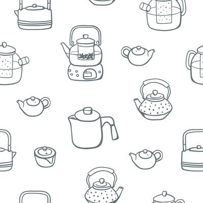 Hand drawn sketch style different teapots seamless pattern. Simple design for textile, menu, wrapping paper