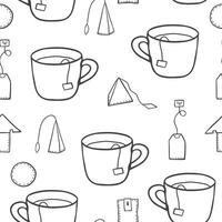 Hand drawn tea bags and cups seamless pattern. Simple monochrome design for textile, wrapping paper vector