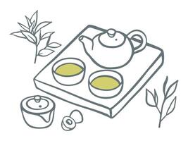 Hand drawn tea ceremony illustration. Sketch style simple illustration with teapot, cups and tea branches vector