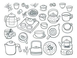Hand drawn tea set. Sketch style different teapots, cups and few types of tea vector
