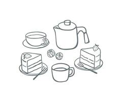 Hand drawn teapot, cups and cake. Sketch style simple drink and food illustration vector