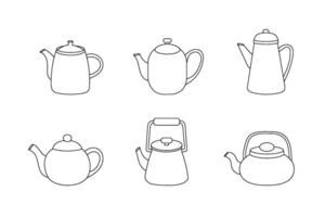 Set of six minimalist line drawings of different teapots. vector