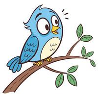 A cute cartoon blue bird with large eyes perched on a brown branch with green leaves, simple background vector
