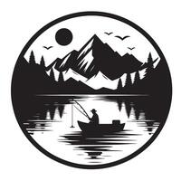 silhouette fisherman fishing on the lake with background mountain vector