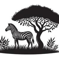silhouette of zebra under tree in field of savannah vector