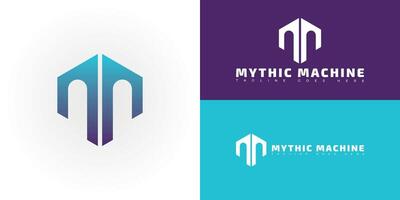 Modern initial hexagon letter M or MM logo in blue-purple color isolated on multiple background colors. The logo is suitable for AI service logo design inspiration templates. vector