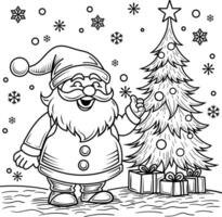 Santa Claus line art illustration with snowflakes with Christmas tree and gift box line art illustration for coloring pages vector