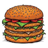Flat Cartoon Style delicious burger illustration with cheese tomato lettuce sausage onion Isolated white background, Fresh burger illustration design vector